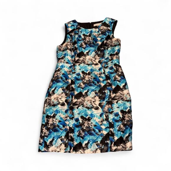 Kasper 10 Geometric Blue Black White Sleeveless Scoop neck Sheath midi Dress - Picture 1 of 7